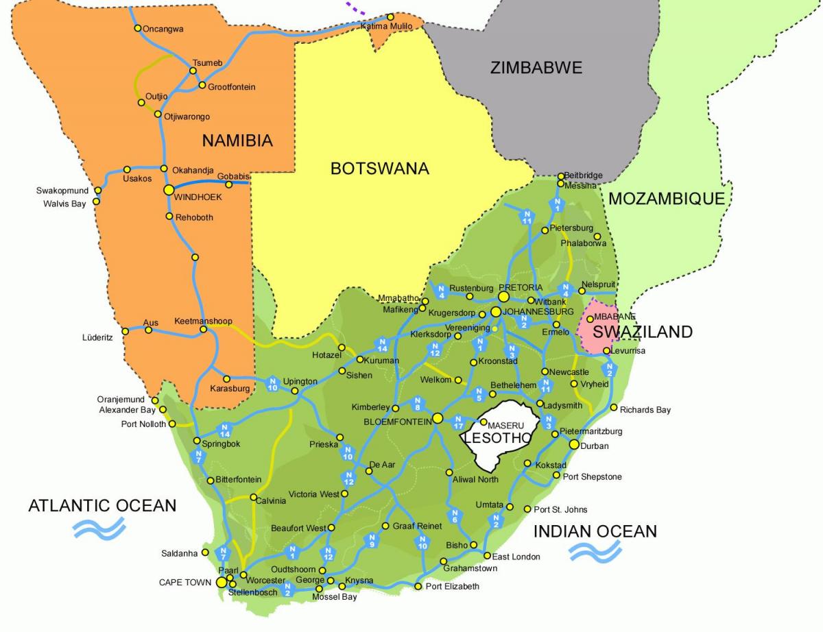 რუკა ზელანდია და სამხრეთ აფრიკის რესპუბლიკა